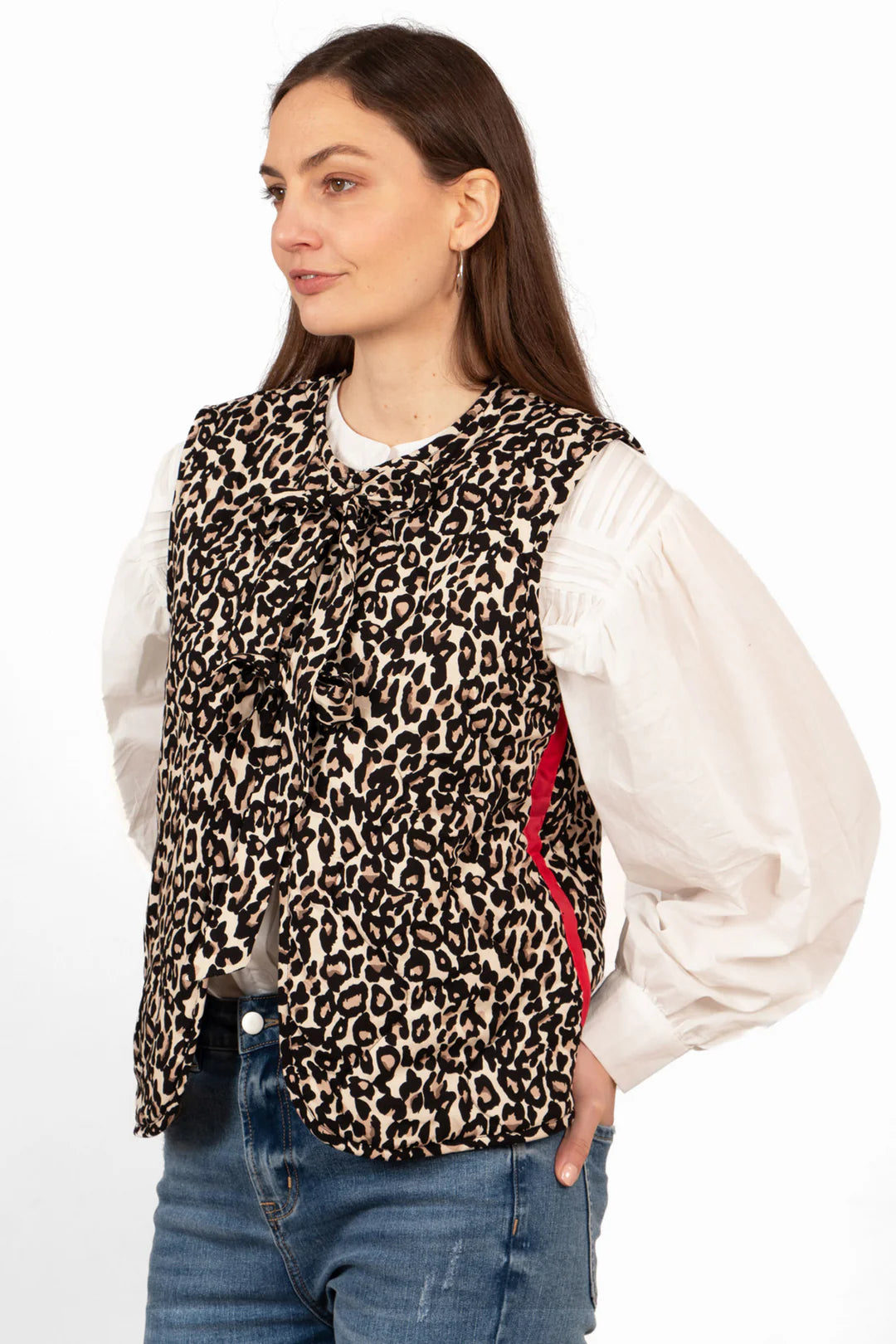 Molly Bow Fastening Quilted Gilet Waistcoat - Leopard Print With Red Ribbon Trim