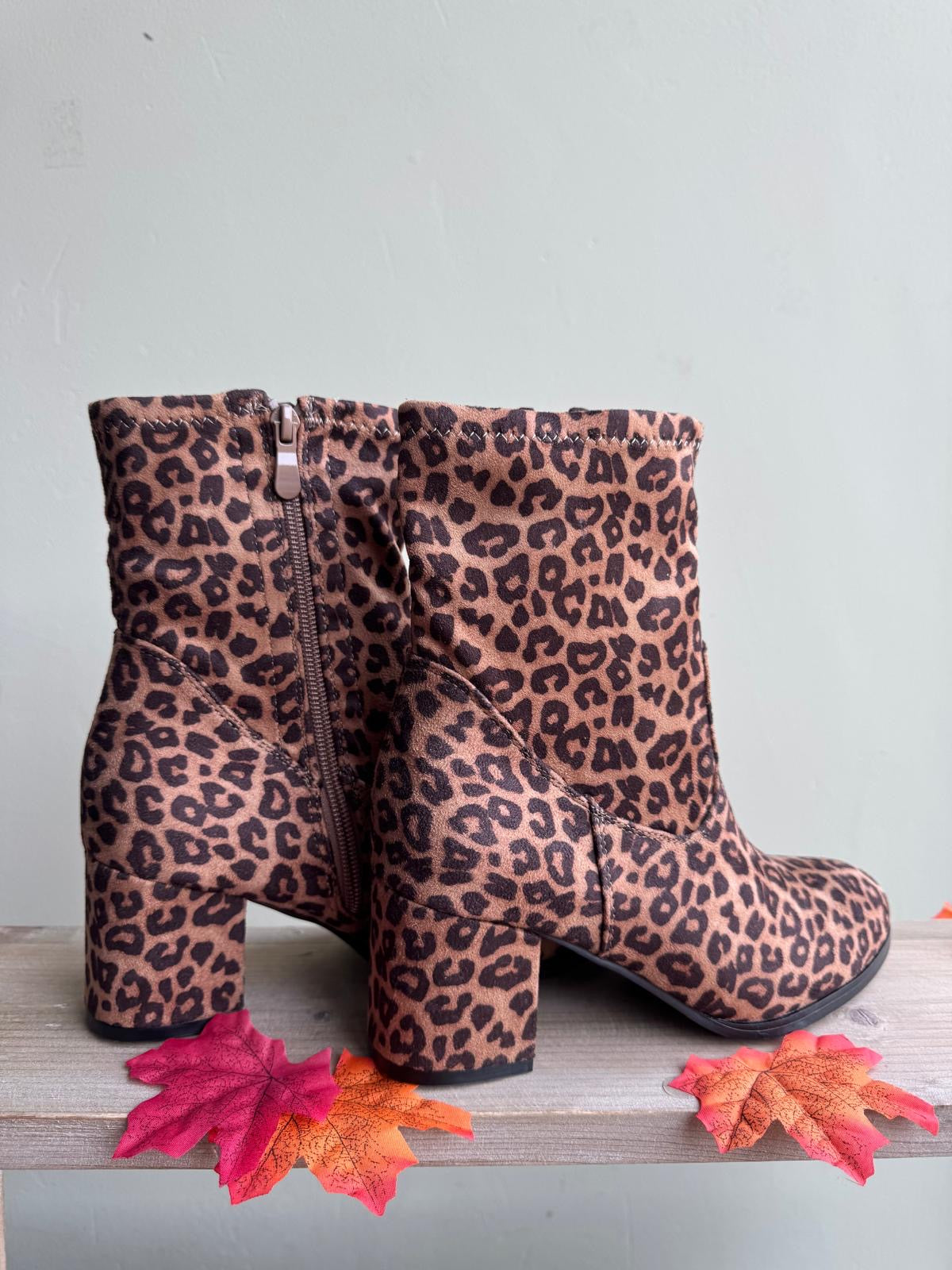 Leopard Print Block Heel Faux Suede Ankle Boots