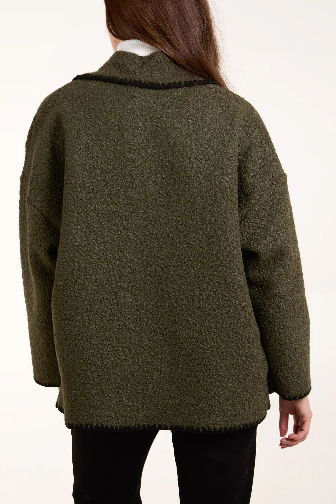 Freya Blanket Stitch Lightweight Boucle Fleece Jacket - Khaki