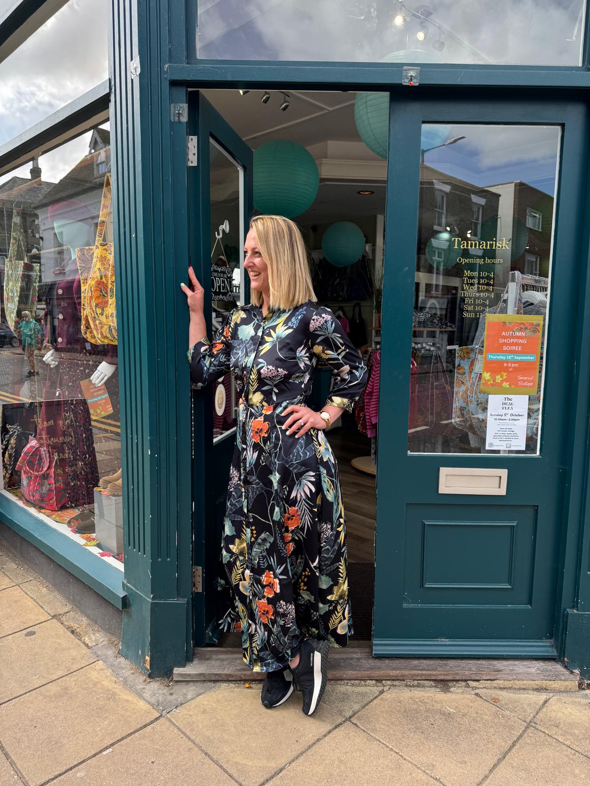 Abbi Navy Satin Botanical Print Maxi Shirt Dress