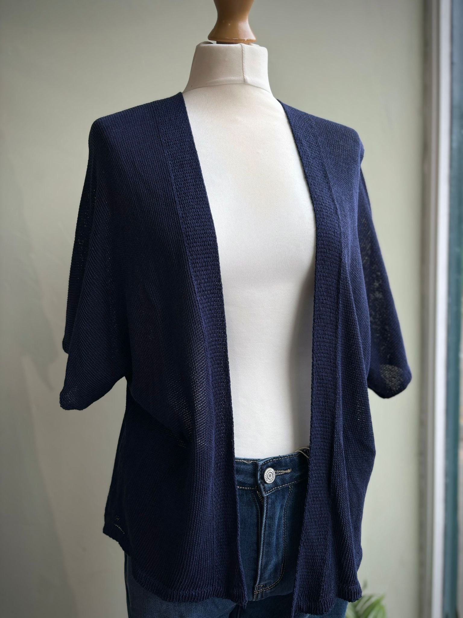 Lightweight Cotton Blend Kimono Sleeve Open Cardigan navy 