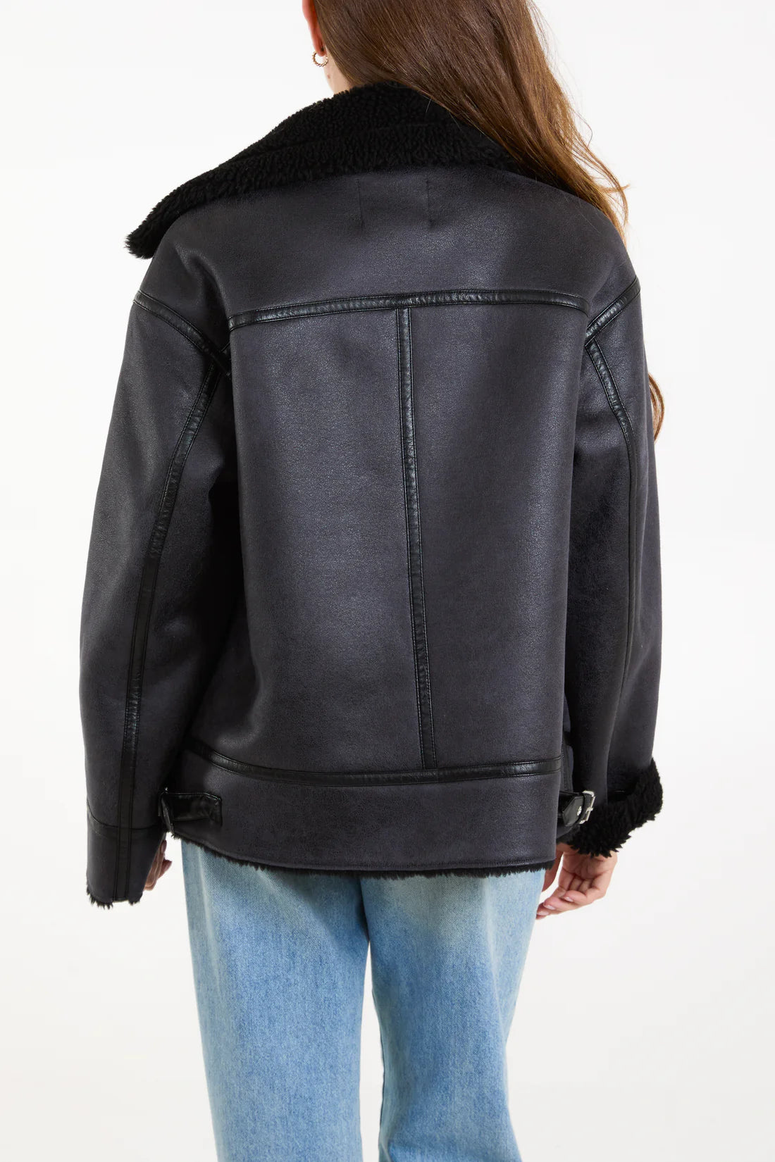 Phoebe Black Faux Shearling Biker/Aviator/Flying Jacket