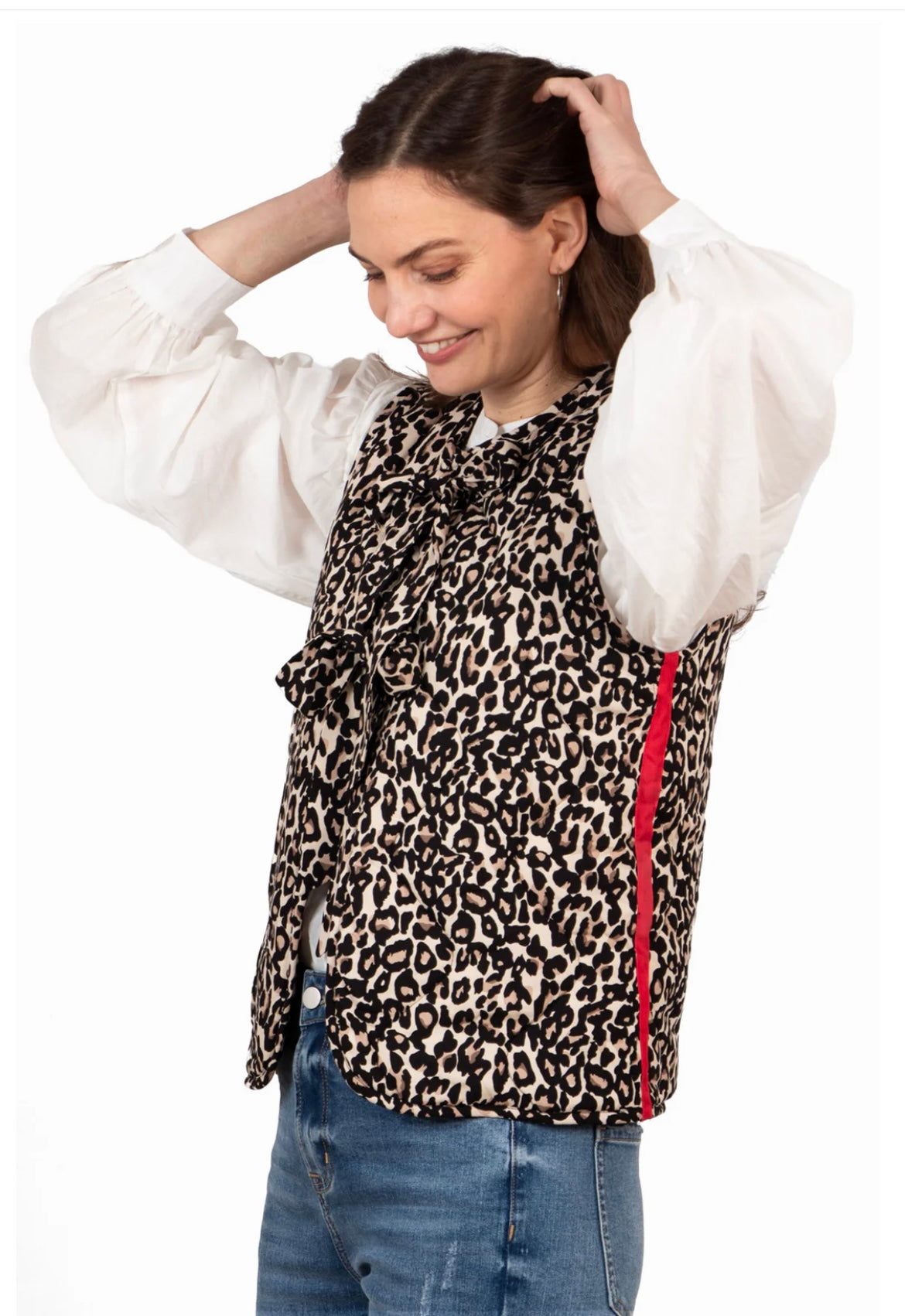 Molly Bow Fastening Quilted Gilet Waistcoat - Leopard Print With Red Ribbon Trim