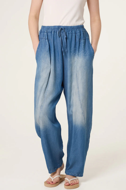 Carole Distressed Faded Denim Tencel Barrel Leg Trousers