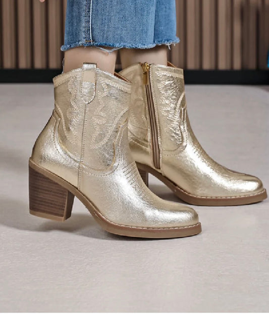 Caycee Short Gold Cowboy Western Ankle Boots