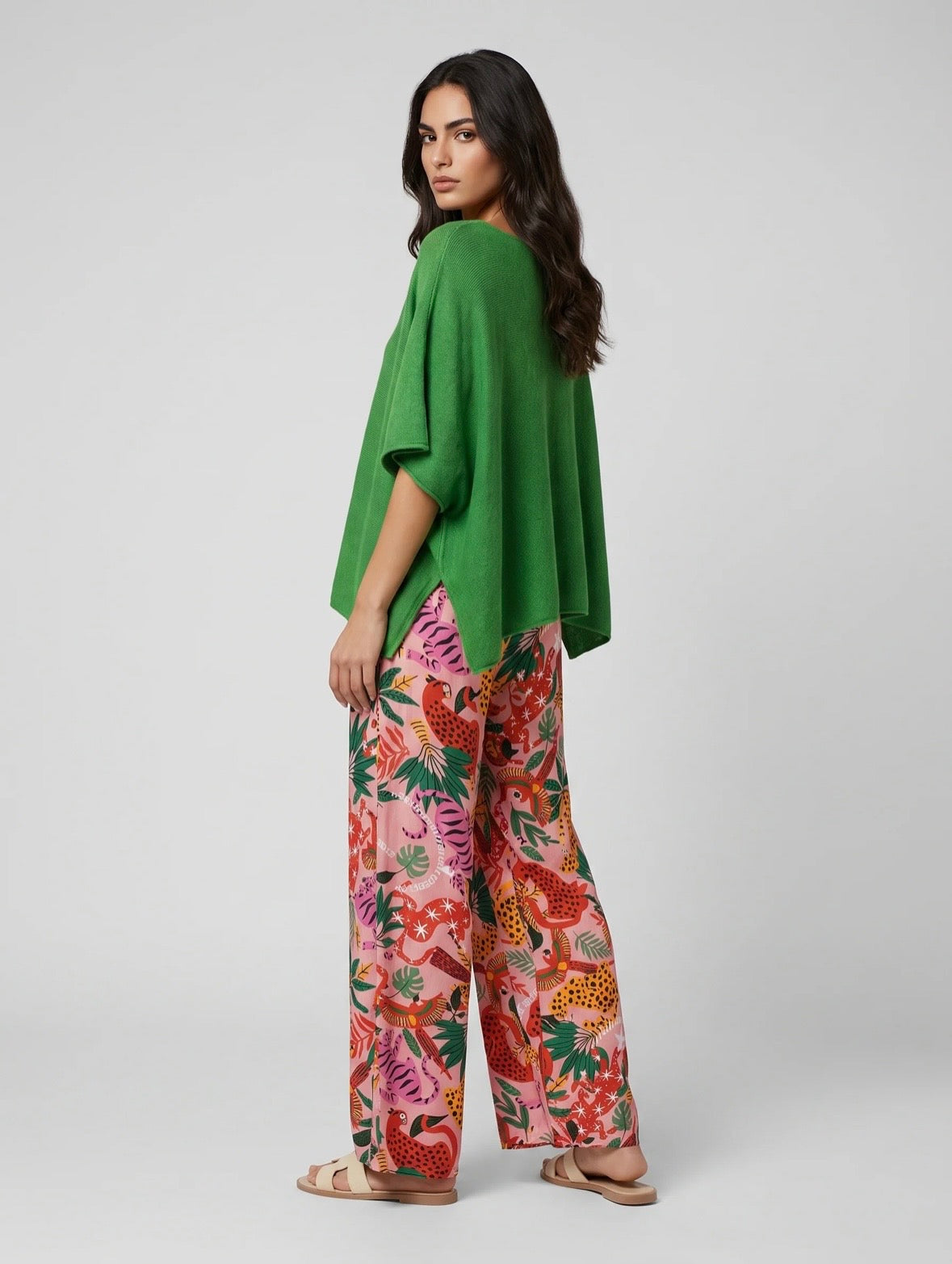 Pink Jungle Print Wide Leg Trousers