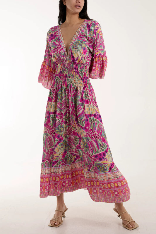 Florence Mixed Print Shirred Waist Midaxi Dress - Fuchsia Pink