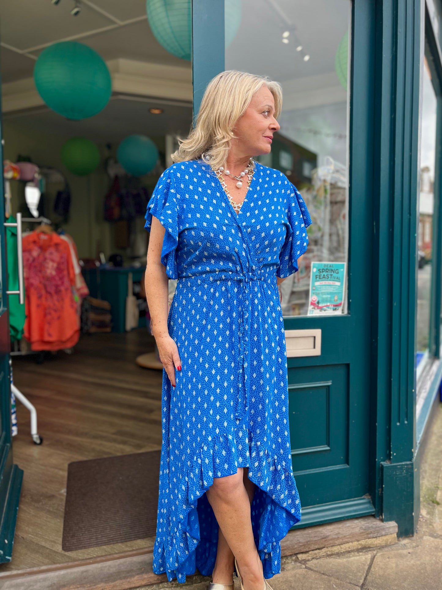 Willow Angel Sleeve Faux Wrap Dress With Hi/Lo Hem - Pink Or Blue Tile Print