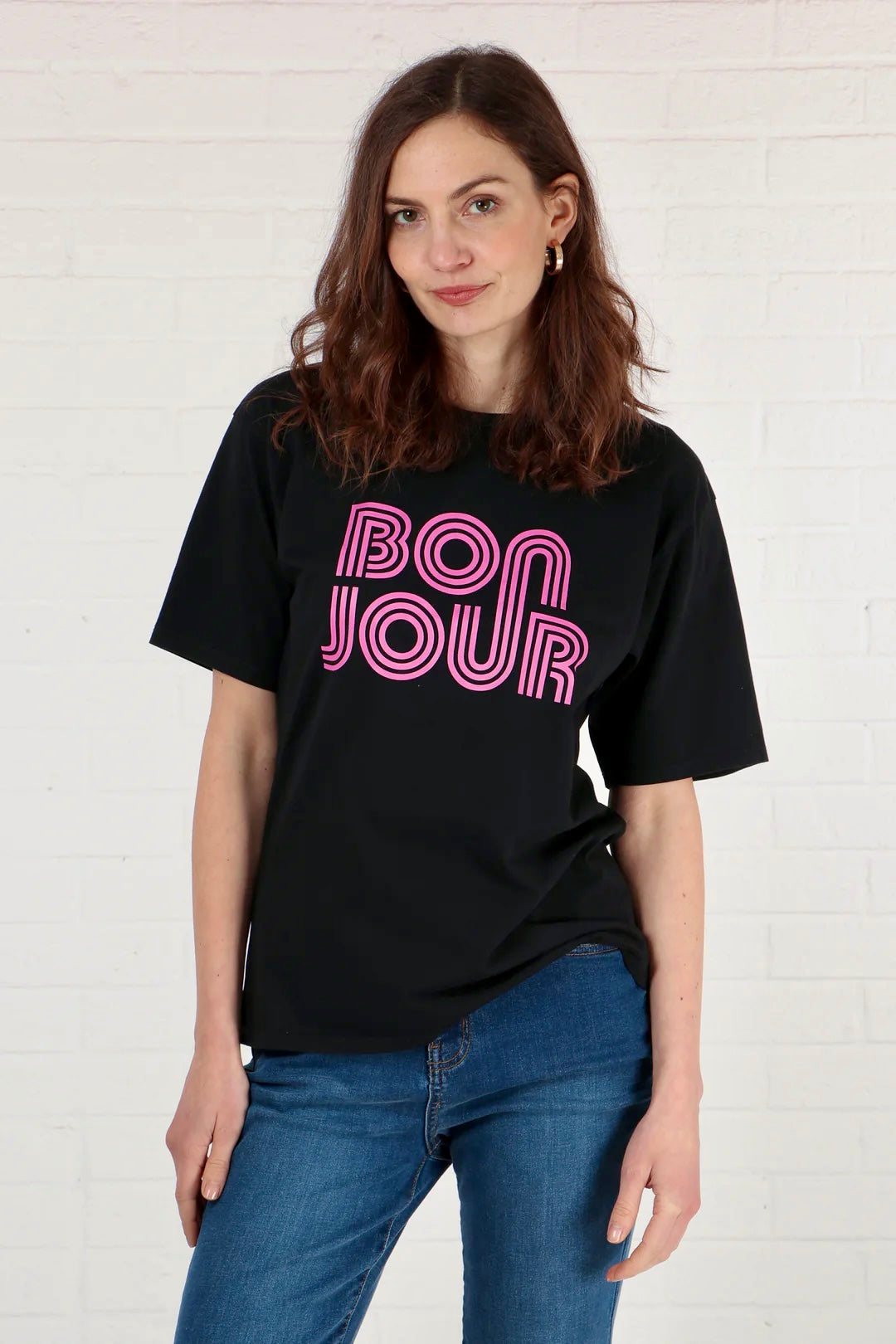 Black & Pink Bonjour Retro Style Slogan T-Shirt