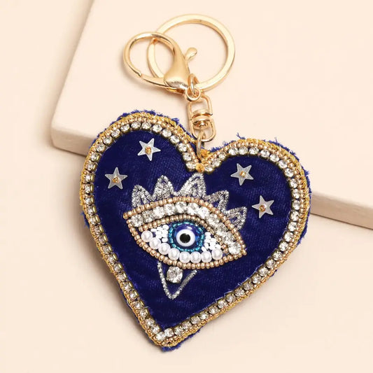 Blue Velvet Eye Heart Bag Charm Key Ring