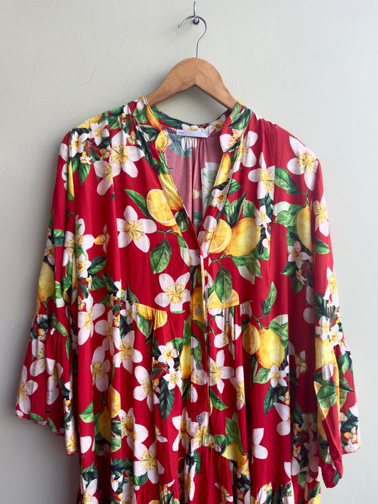 Oranges & Lemons Loose Tiered Midaxi Dress - Red