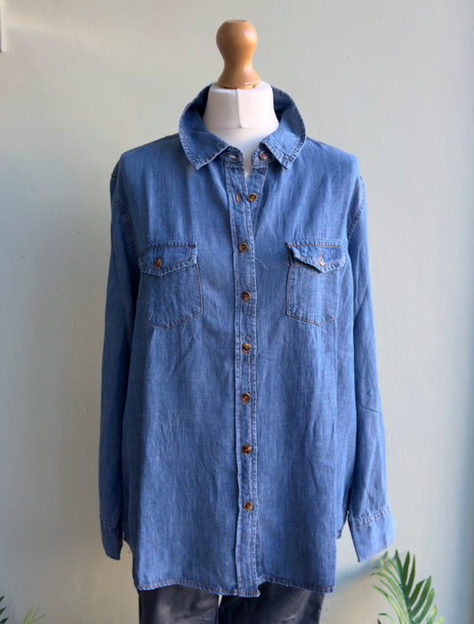 Lyocell & Linen Blend Patch Pocket Denim Shirt