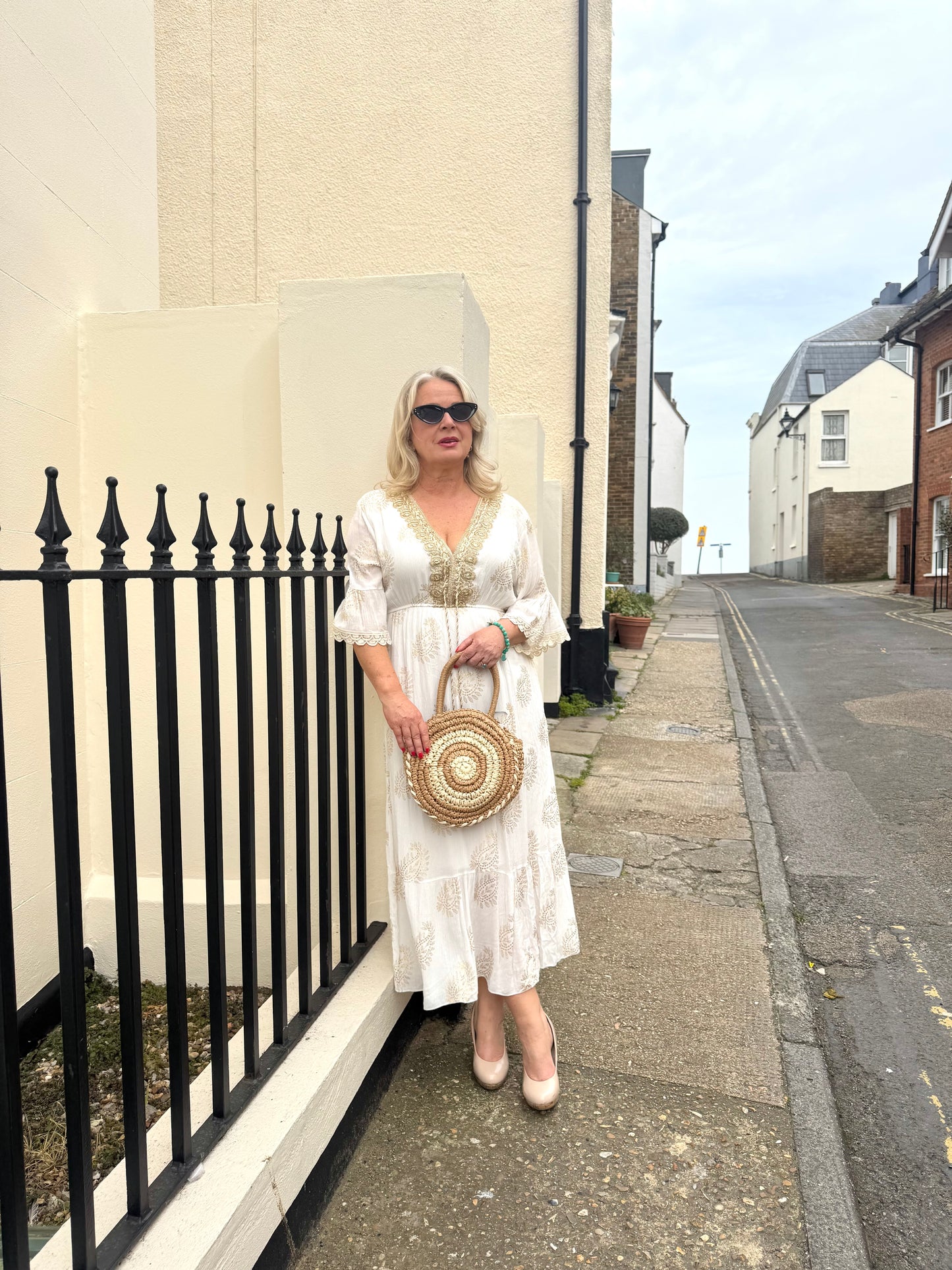 Stella White Crinkle Cotton Dress With Gold Boho Trim