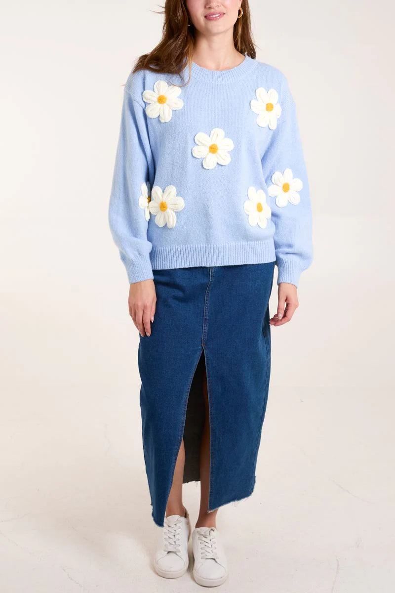 Pastel Blue Chunky Crochet Flower Appliqué  Crew Neck Jumper