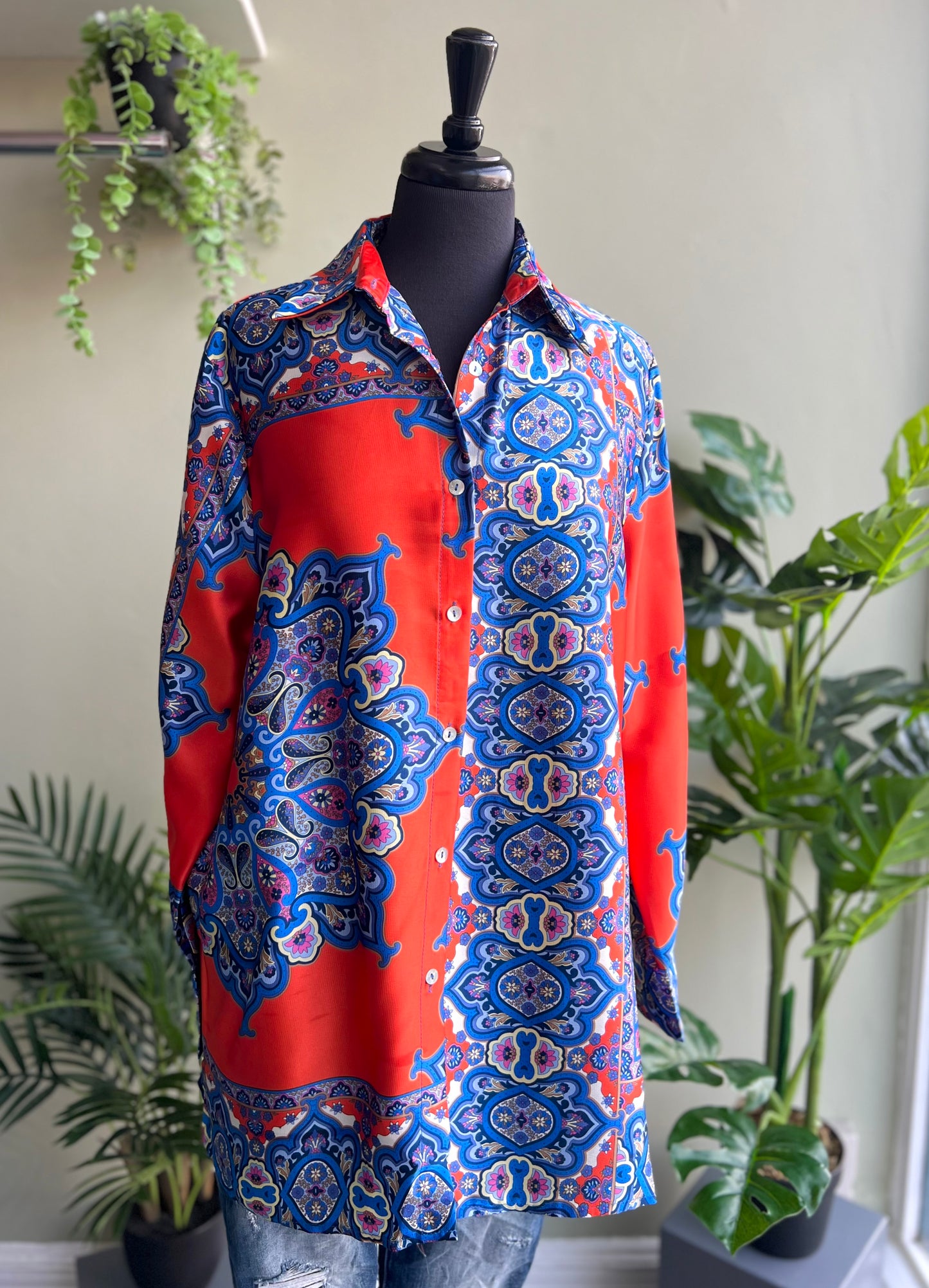 Francesca Orange & Blue Satin Scarf Print Co-Ord Set - Shirt & Trousers