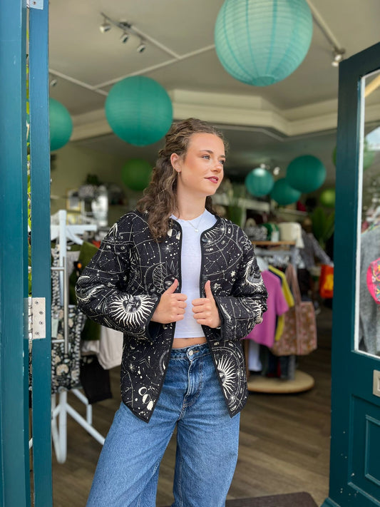 Celeste Black Astrology Print Quilted Jacket