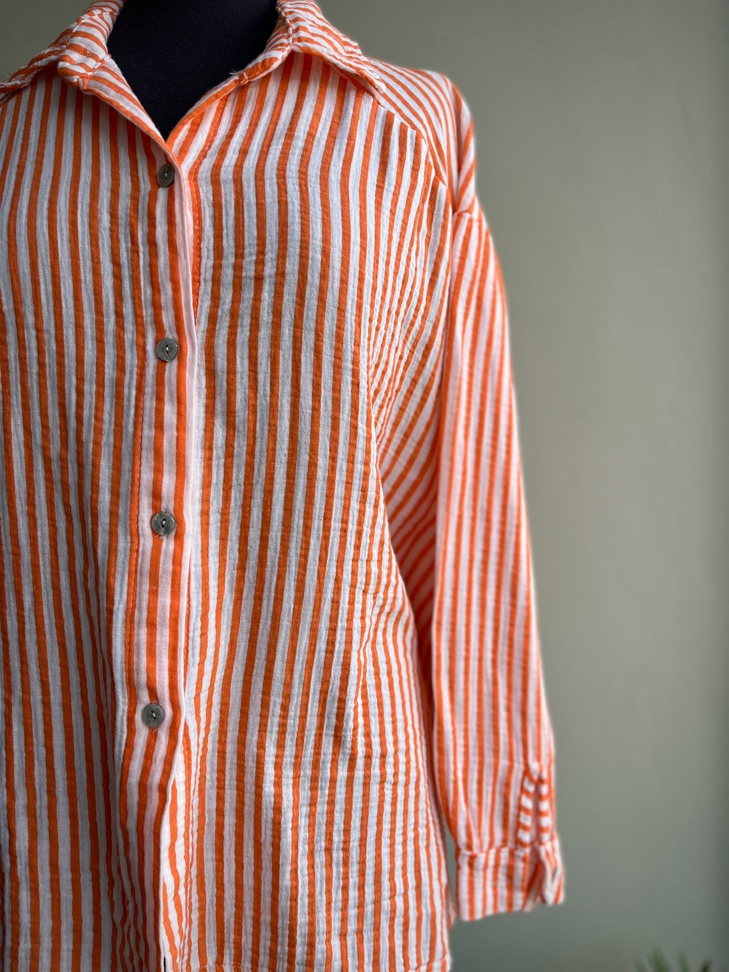 Faith Slouchy Striped Shirt - Textured Cotton Cheesecloth- Blue & White Or Orange & White