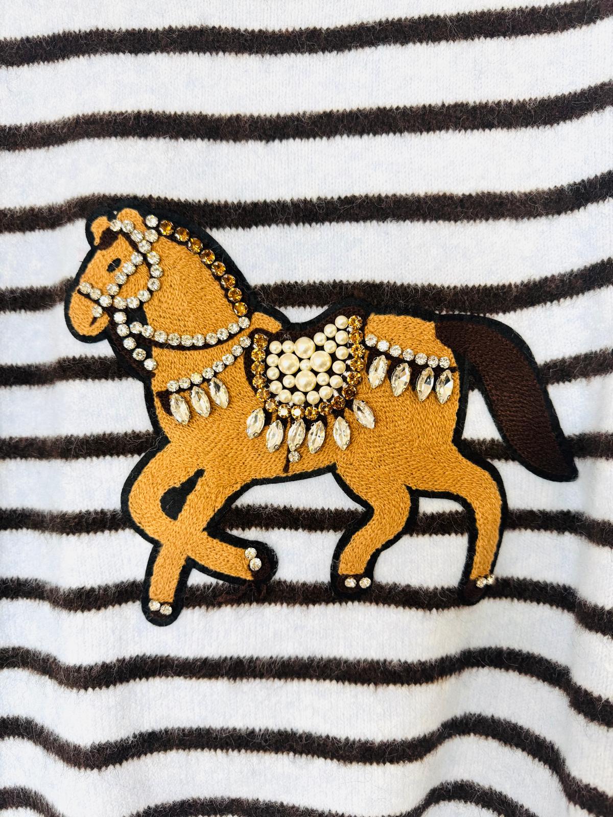 Victoria Powder Blue & Chocolate Brown Striped Jumper With Embellished Pony Appliqué