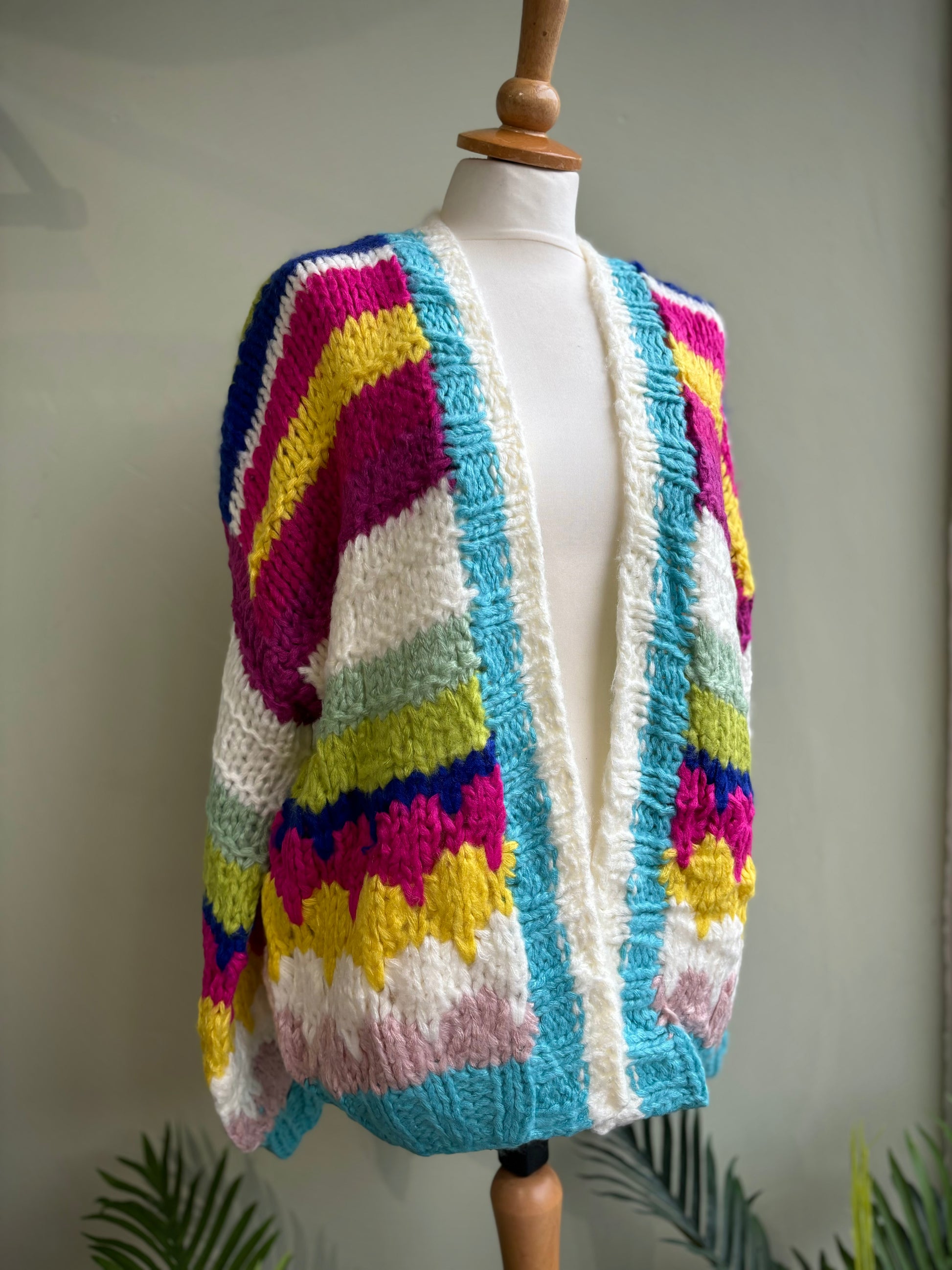 Multicoloured Striped Chunky Knit Oversized Cardigan - Rainbow 