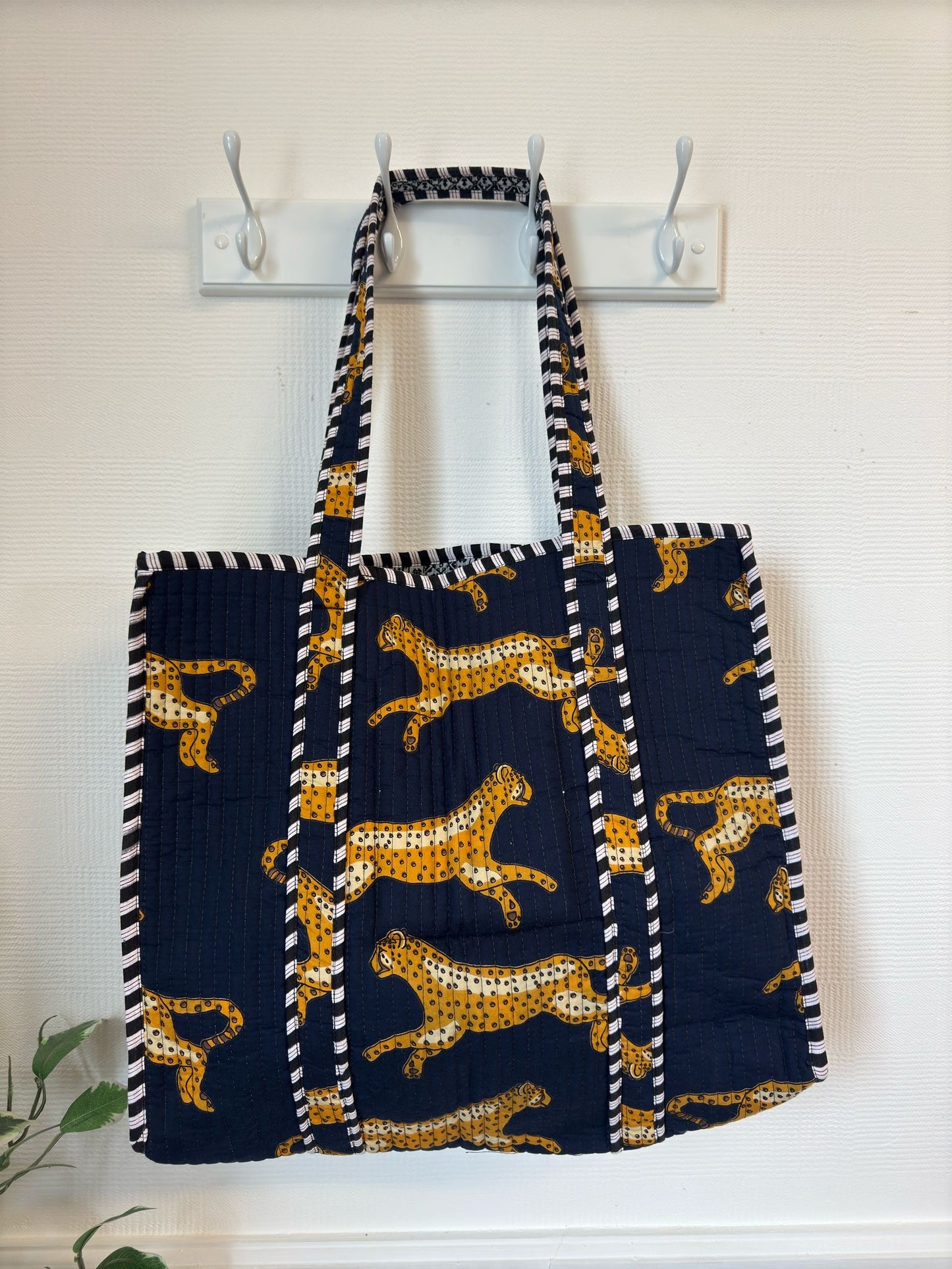 Quilted Cotton Kantha Tote Bag - Navy Leopard & Stripe