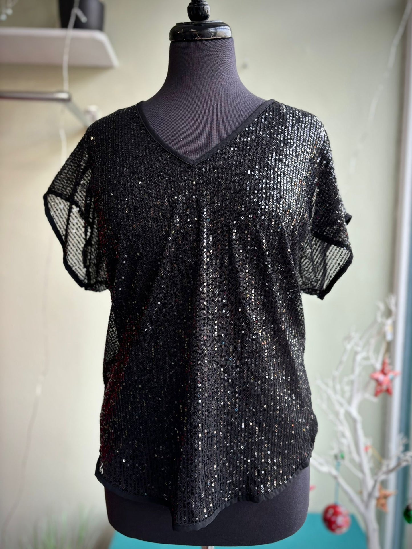 Suzy 2 Part Short Sleeve Sequin Top - Black, Forest Green Or Champagne