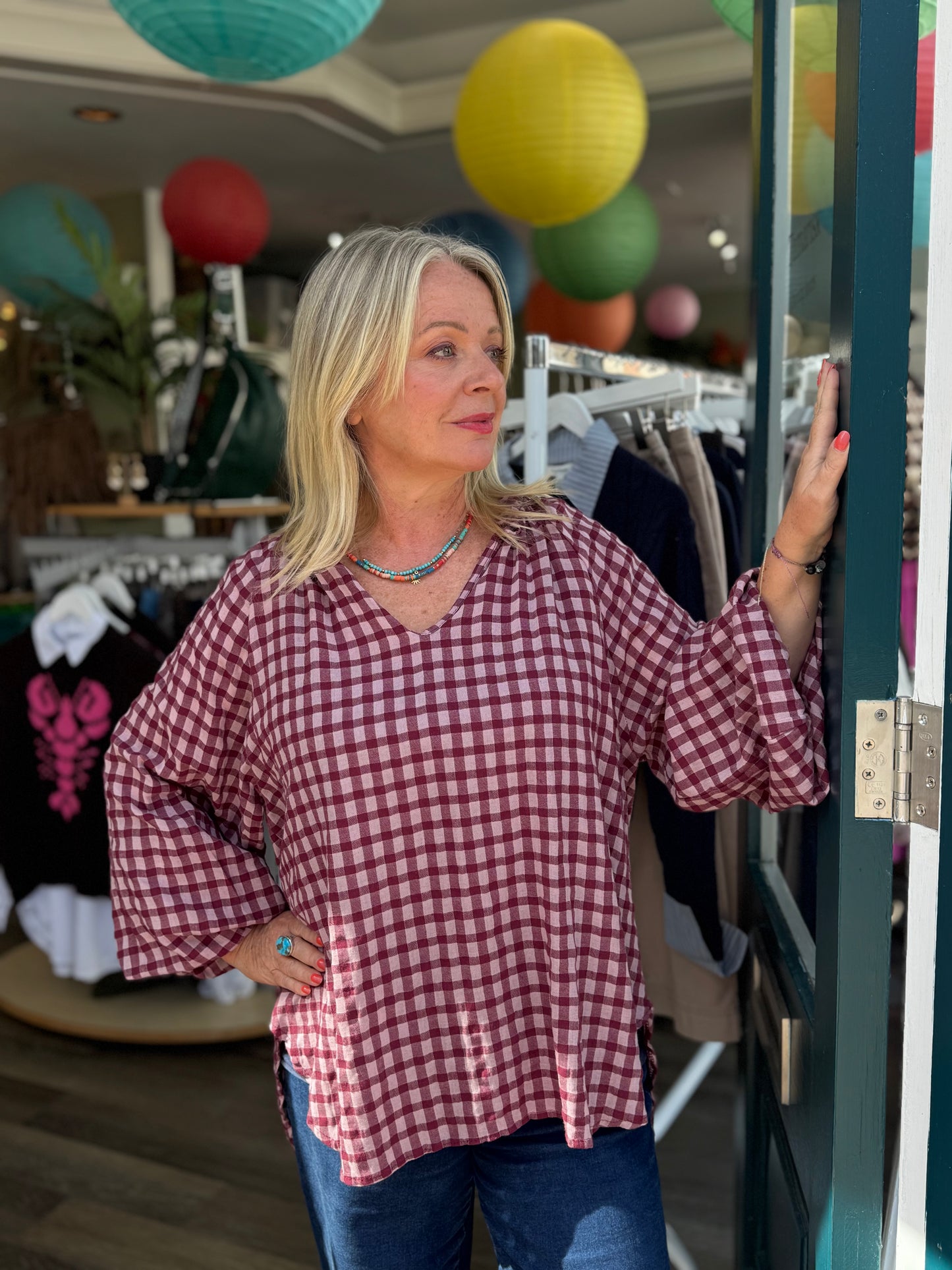 Sandy V Neck Gingham Shirt With Ruffle Collar