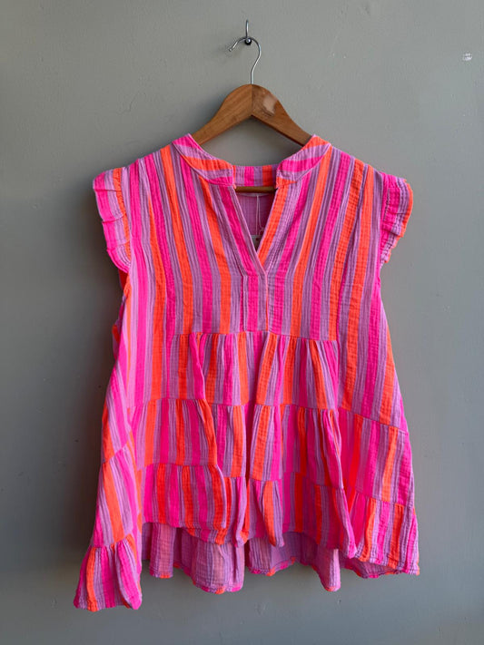 Billie Neon Stripe Cotton Cheesecloth Tiered Smock Top - Pink