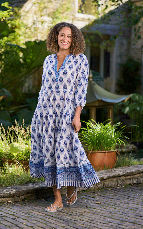India Block Print Indian Cotton Loose Tiered Dress - Blue & White
