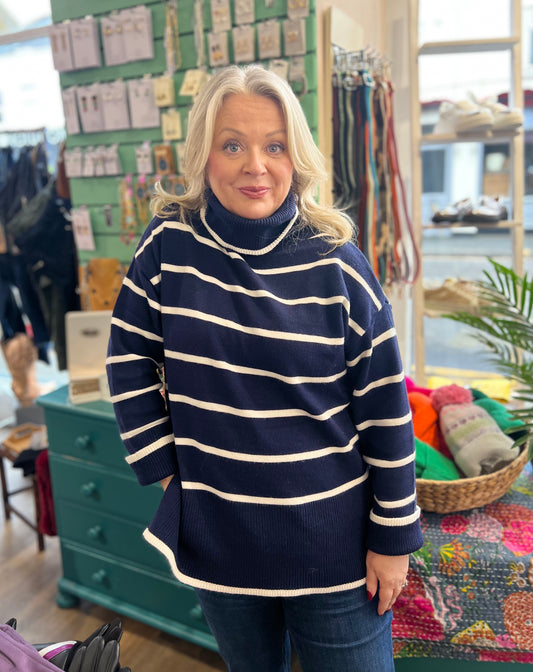Fay Roll Necked Navy & White Striped Jumper