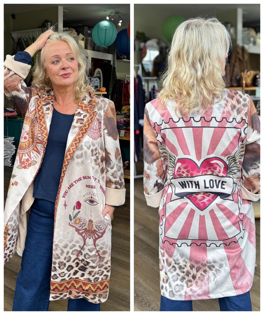 With Love Faux Suede Graphic Duster Coat