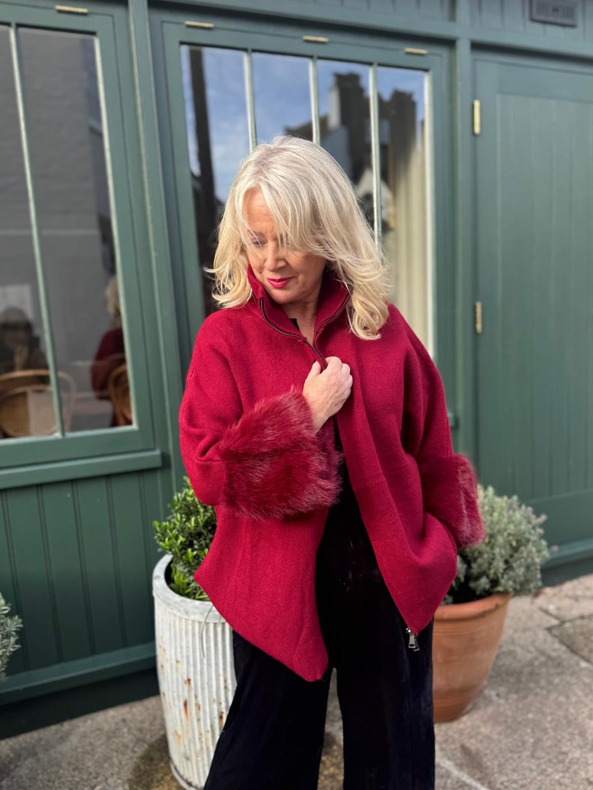 Shirley Luxe Funnel Neck Zip Up Cardigan Jacket – Rich Burgundy