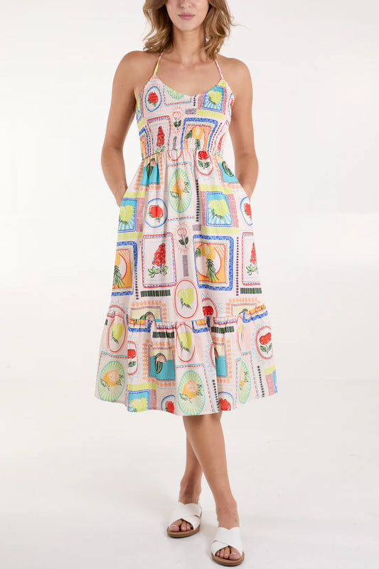 Tutti Fruitti Vintage Style Sundress With Shirred Bodice & Halterneck