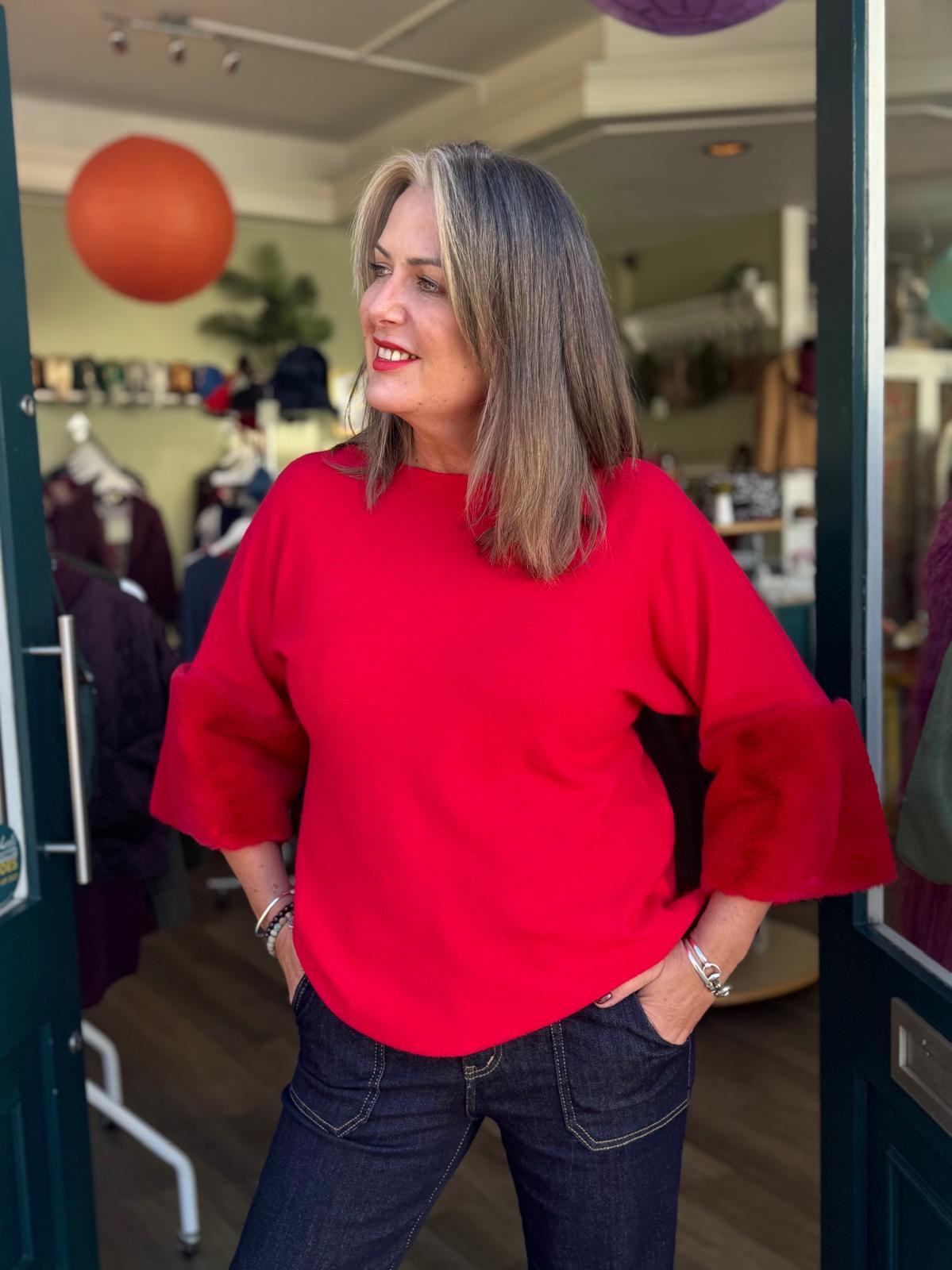 Mariah Knitted Jumper With Large Faux Fur Cuffs - Red or Black