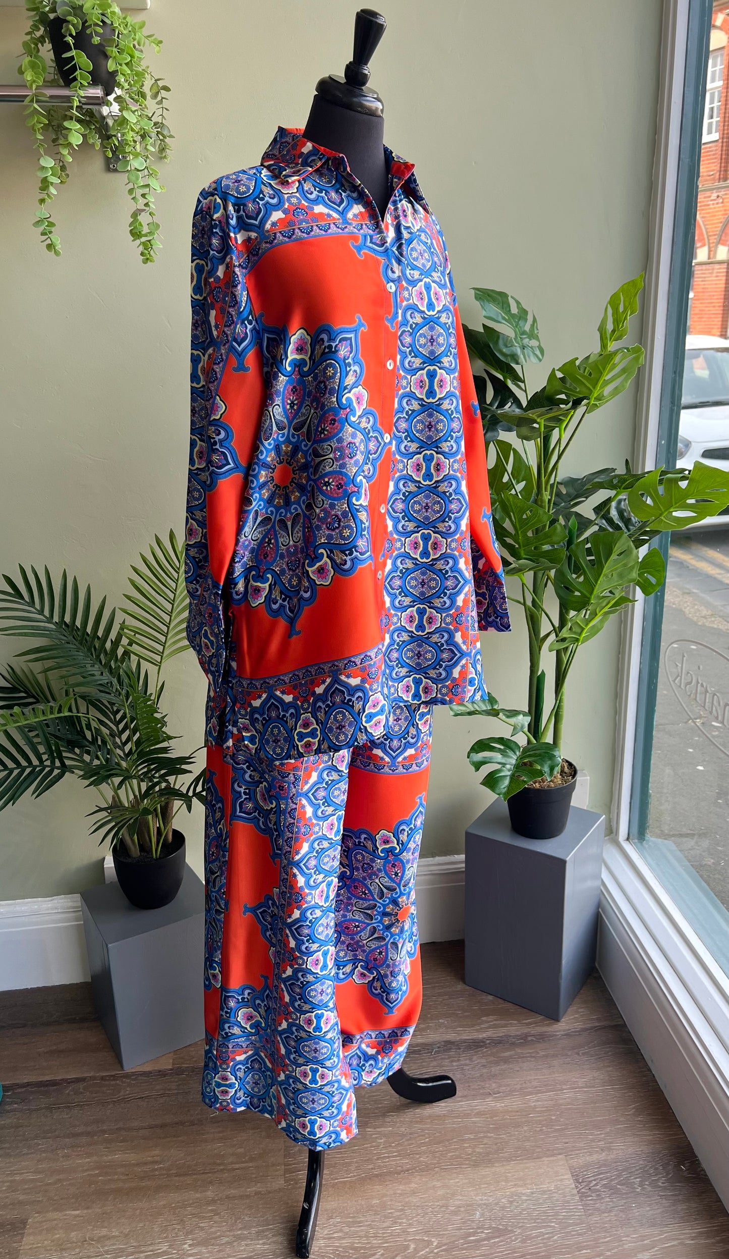 Francesca Orange & Blue Satin Scarf Print Co-Ord Set - Shirt & Trousers