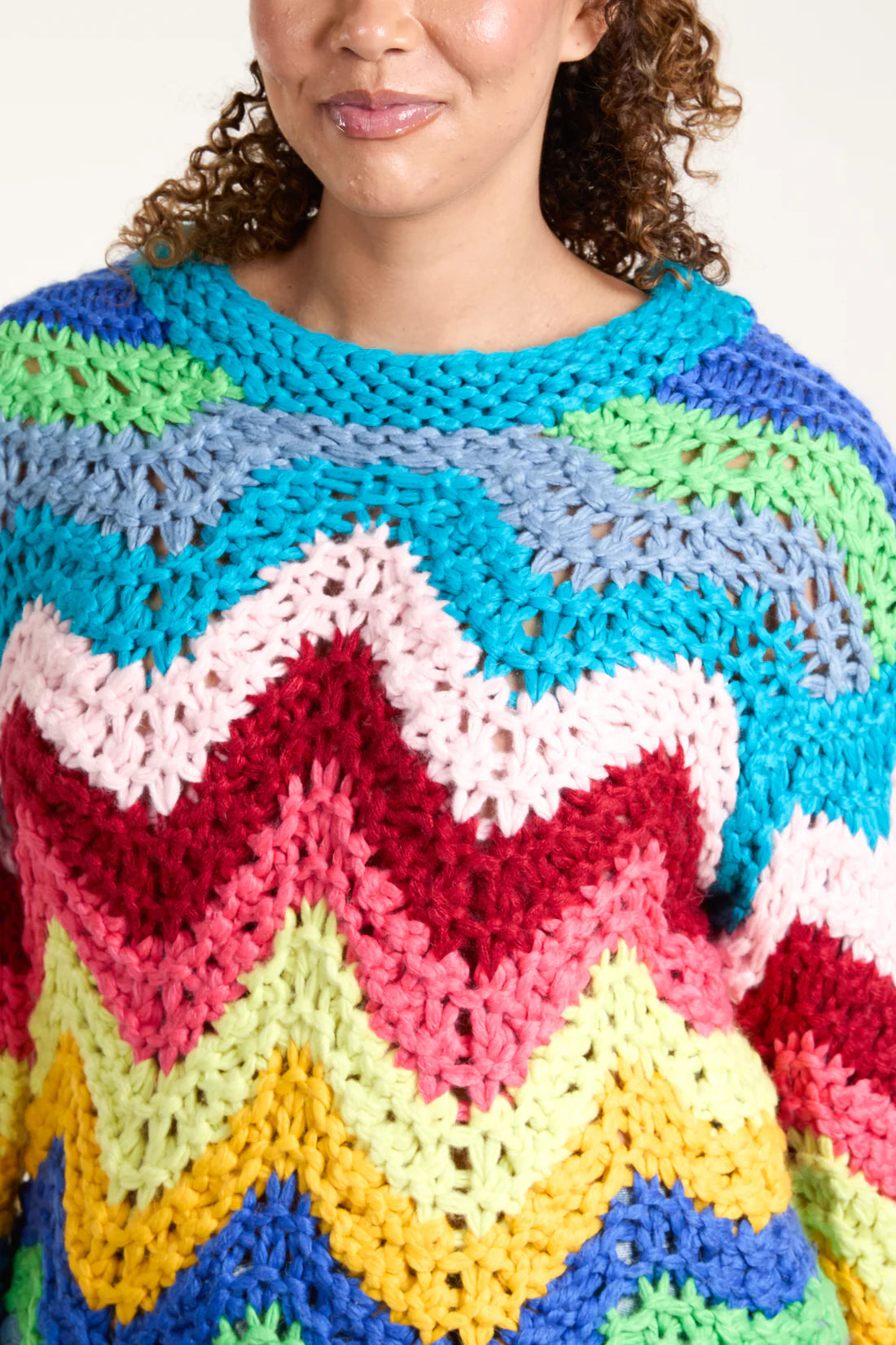 Rainbow Multicolour Chunky Crocheted Jumper With Scalloped Edge 