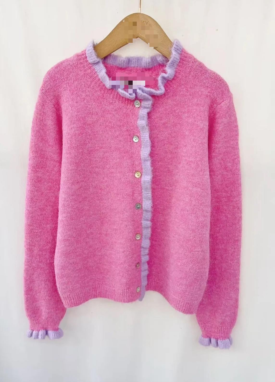 Amelia Piecrust Collar Ruffle Trim Wool Blend Cardigan - Rose Pink & Lilac