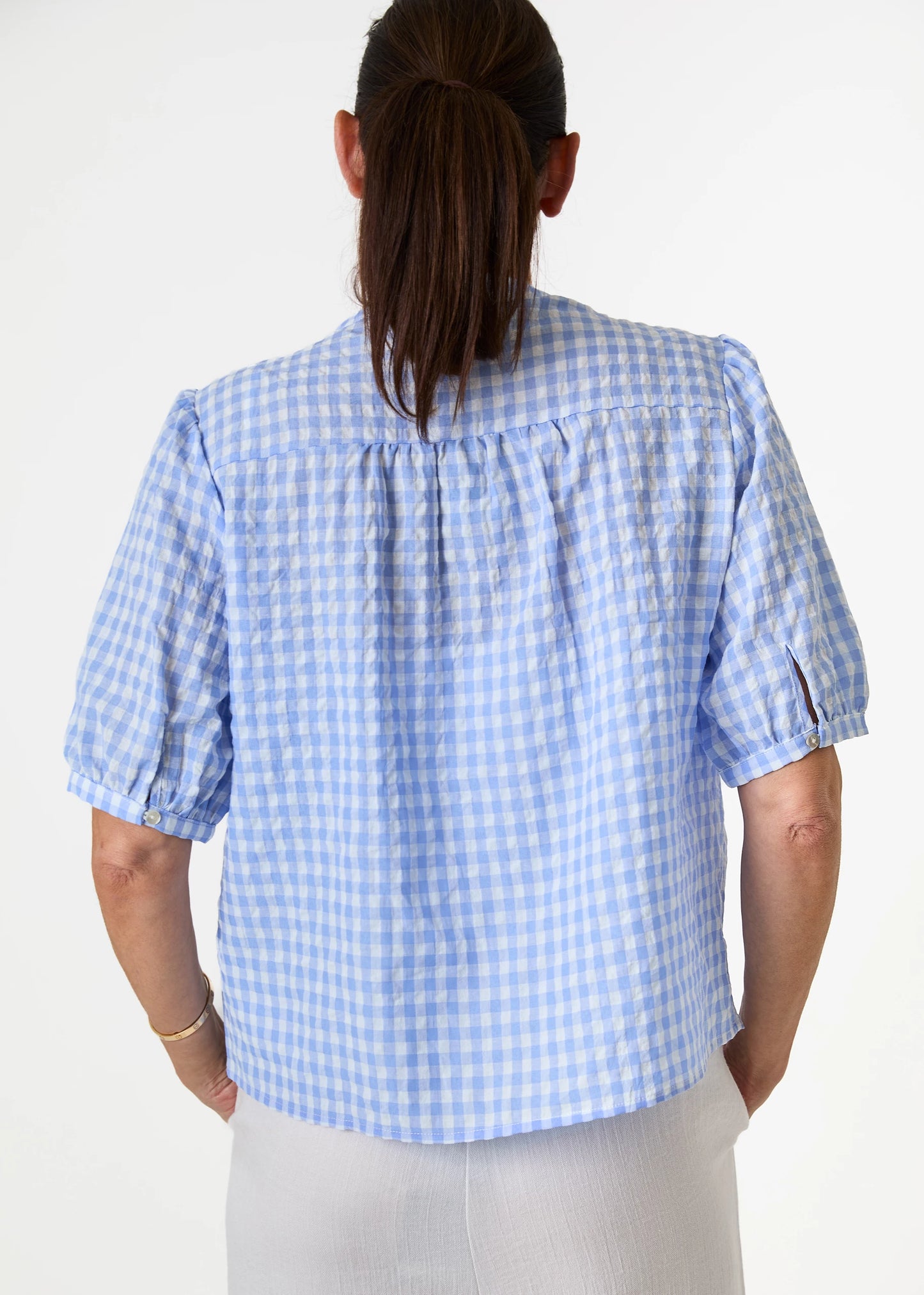 Aggie Gingham Tie Neck Short Sleeve Blouse - Black Or Blue