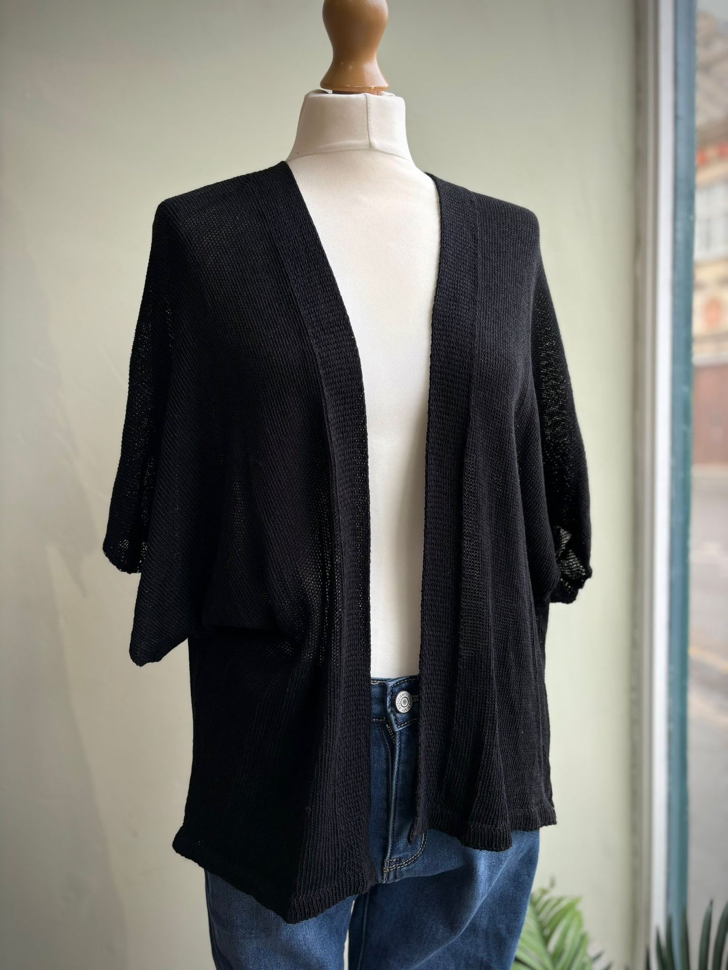 Lightweight Cotton Blend Kimono Sleeve Open Cardigan black 