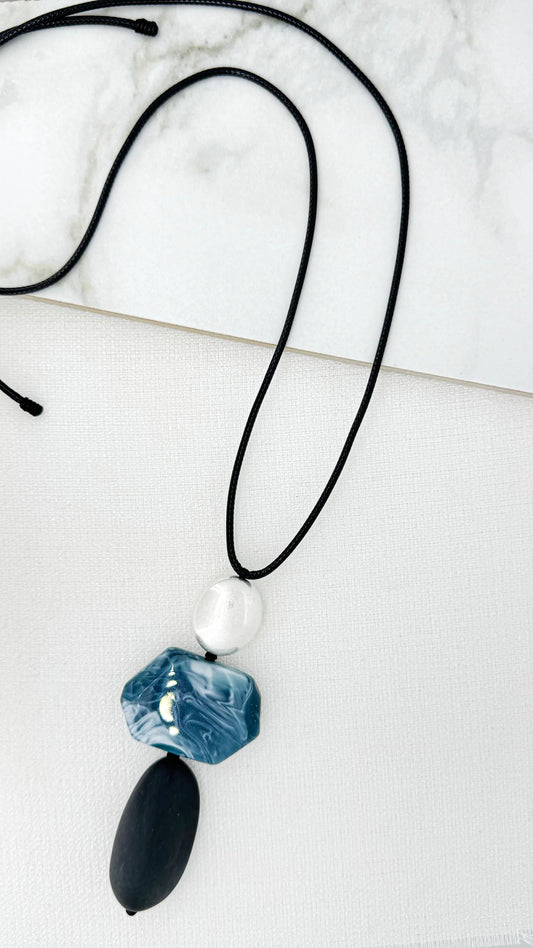 Envy Jewellery Chunky Blue & Silver Resin Pendant On Long Black Cord Necklace