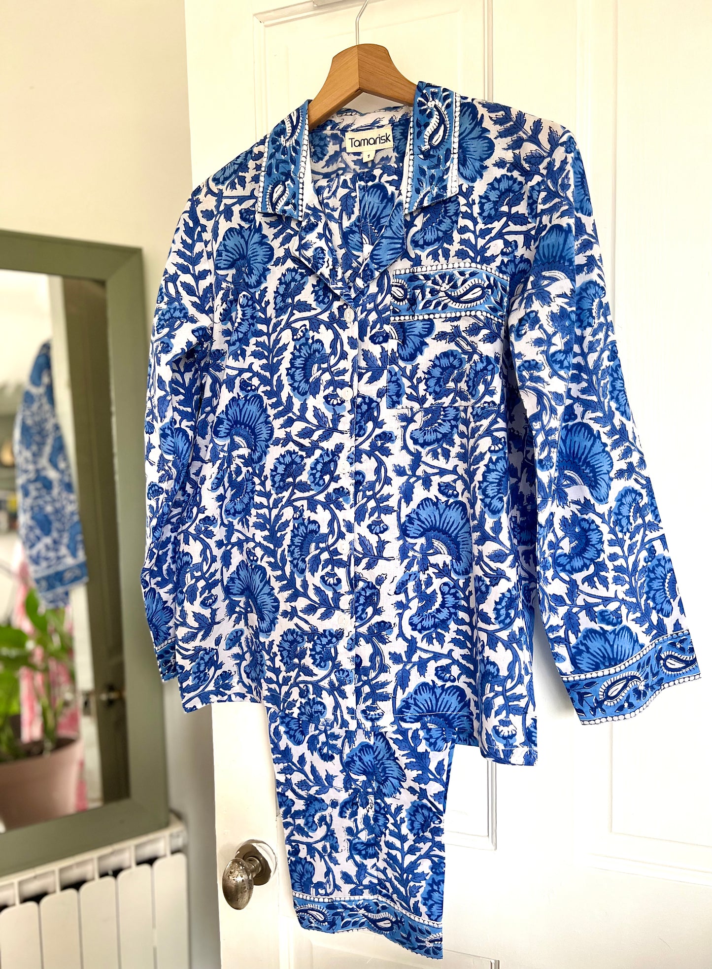 Lillian Hand-Block Printed Indian Cotton Pyjamas- Blue & White