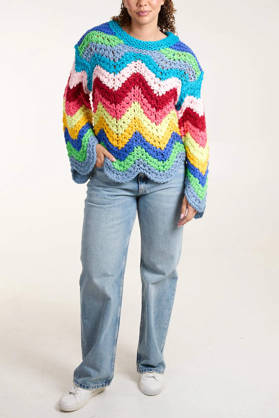 Ivy Rainbow Multicolour Chunky Crocheted Jumper With Scalloped Edge