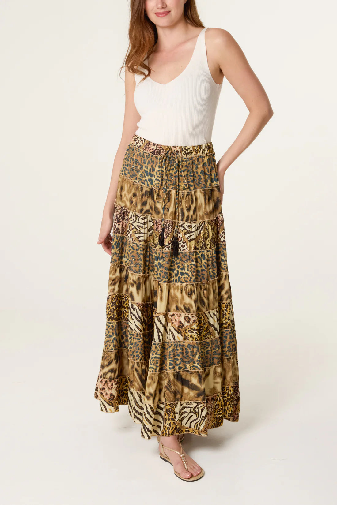 Ginny Boho Leopard Print Tiered Silky Maxi Skirt