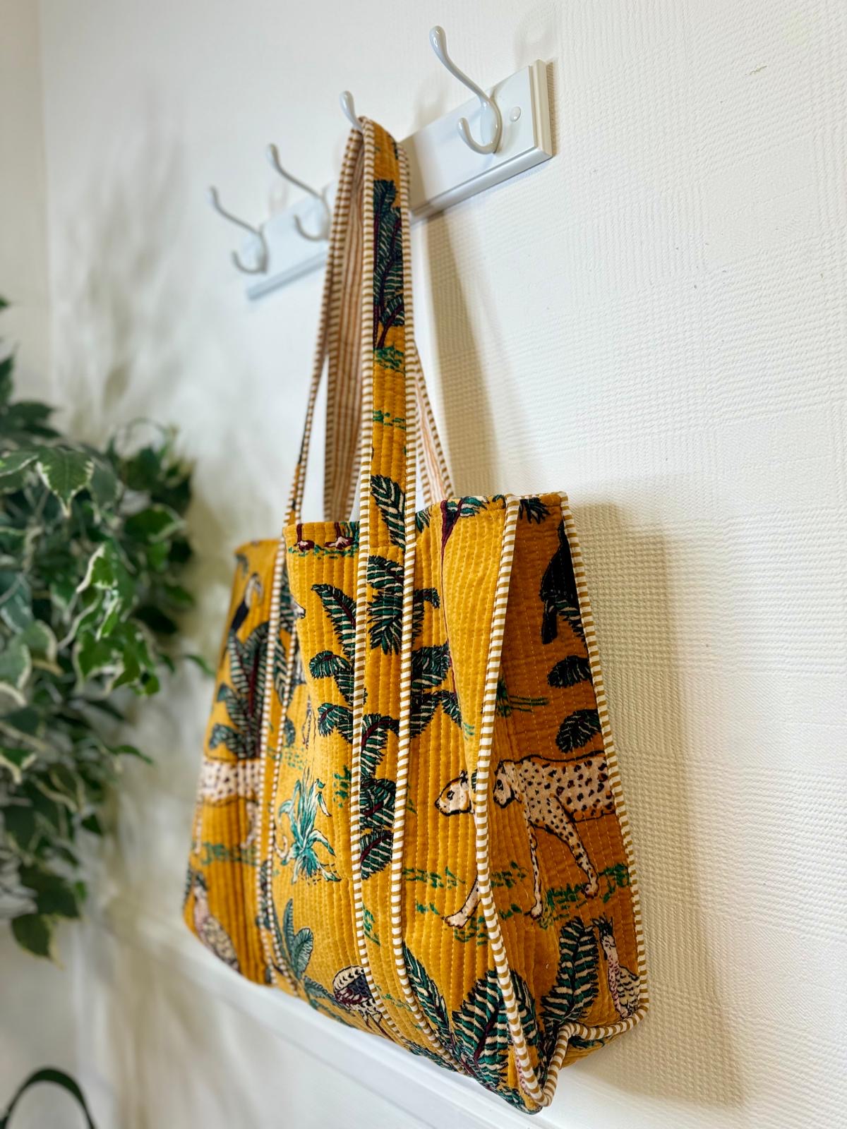 Kantha Quilted Velvet Safari Animal Print Large Tote Bag Mustard Or Blue