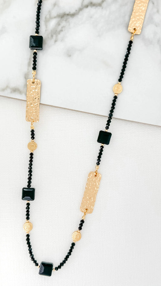 Envy Jewellery Long Black Beaded Necklace With Gold Hammered Sections