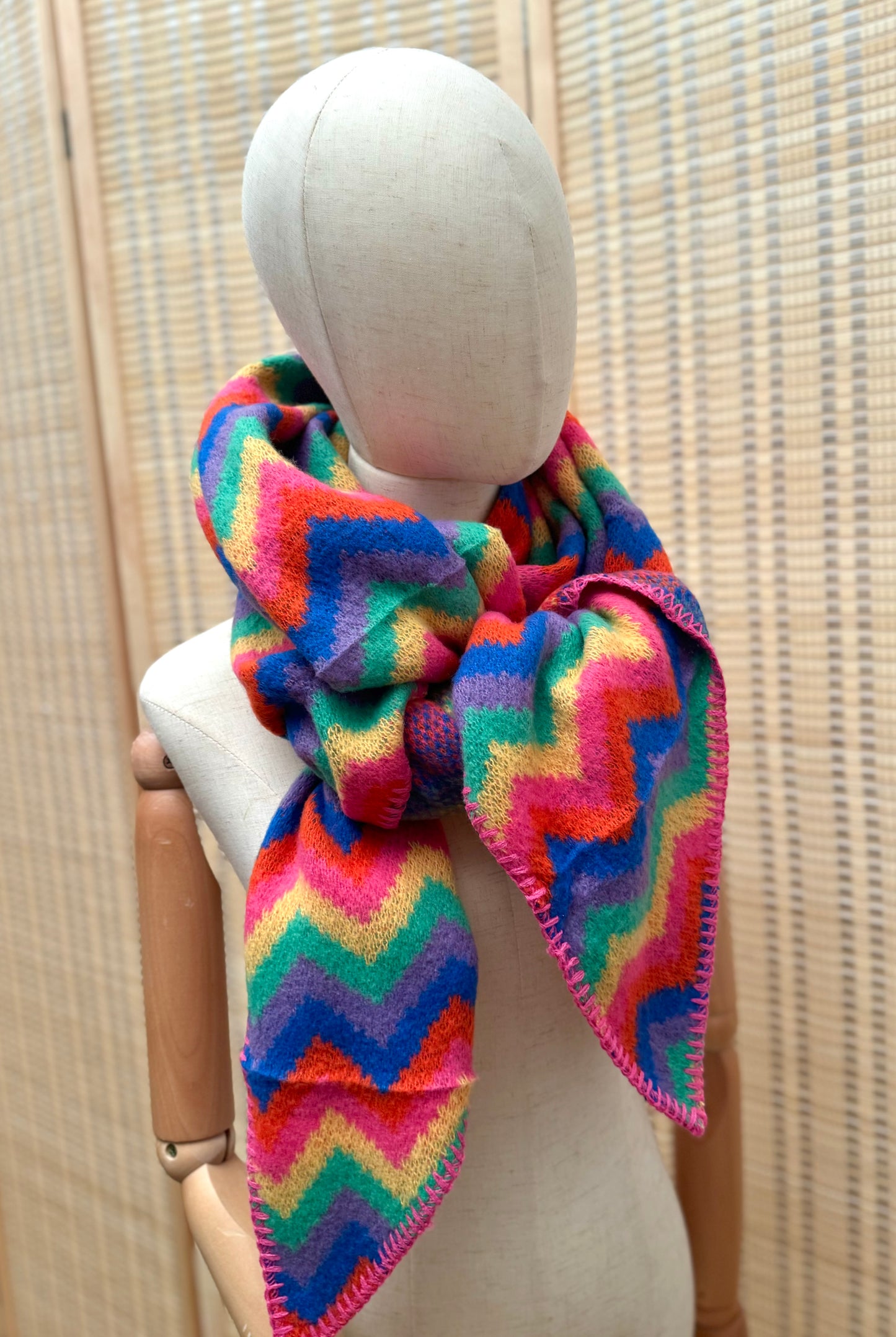 Zig Zag Knit Rainbow Stripe Wool Blend Scarf - Mult