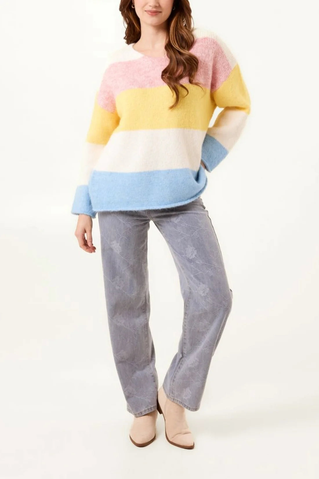 Pastel Multi Striped Soft Knit V Neck Jumper 