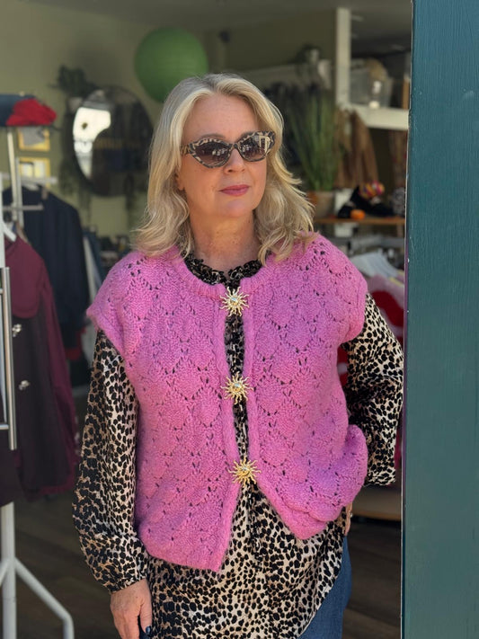 Teresa Pointelle Lace Knit Wool Blend Waistcoat Sweater Vest With Feature Sun Brooch Fastening - Sage Green, Rose Pink Or Chocolate Brown