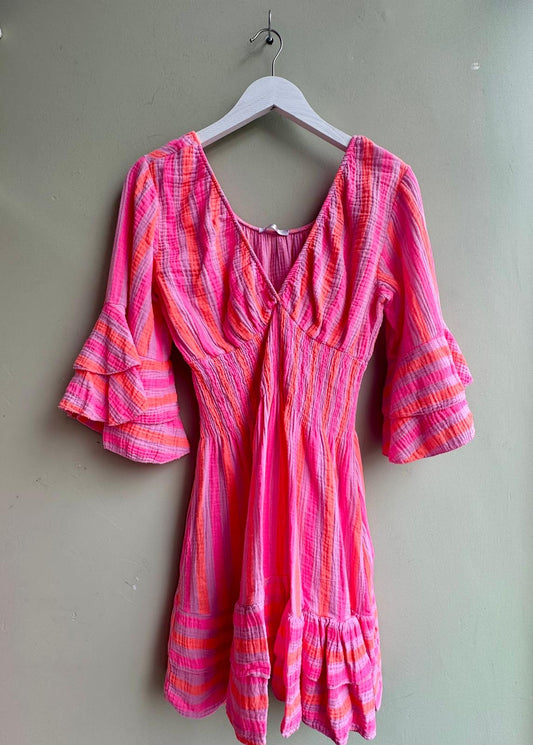 Carmella Shirred Waist Pink & Orange Striped Cheesecloth Ruffle Sleeve Dress