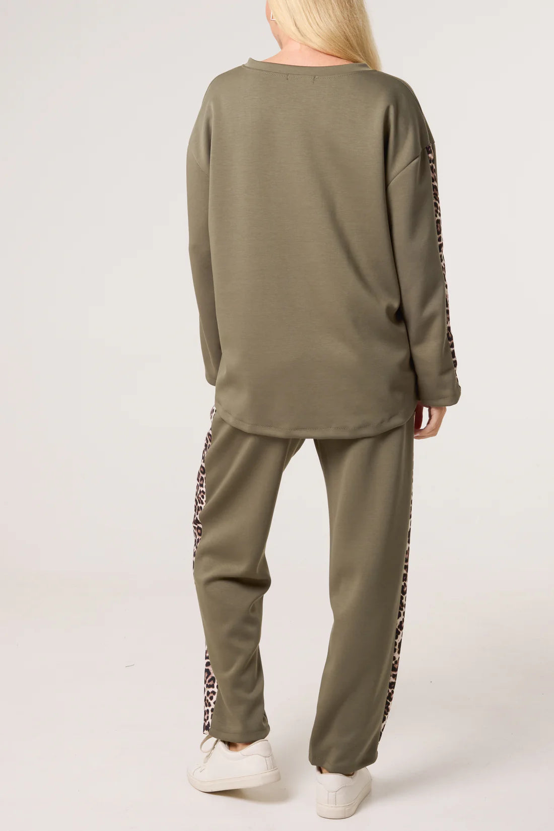 Tania Leopard Print Side Stripe Trim Tracksuit Co-Ord - Khaki Or Chocolate Brown