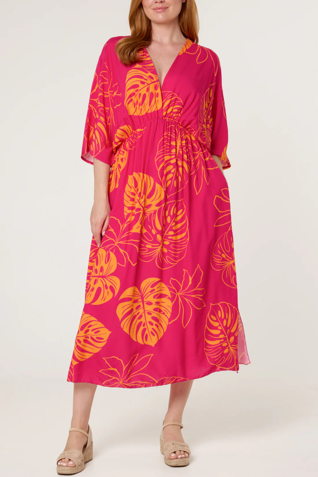 Cora Tropical Palm Print Pink Midi Dress